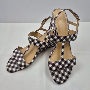 Talbots Royce T Strap Gingham Wedge‎ Sandals Leather Women's Size 9 Black White